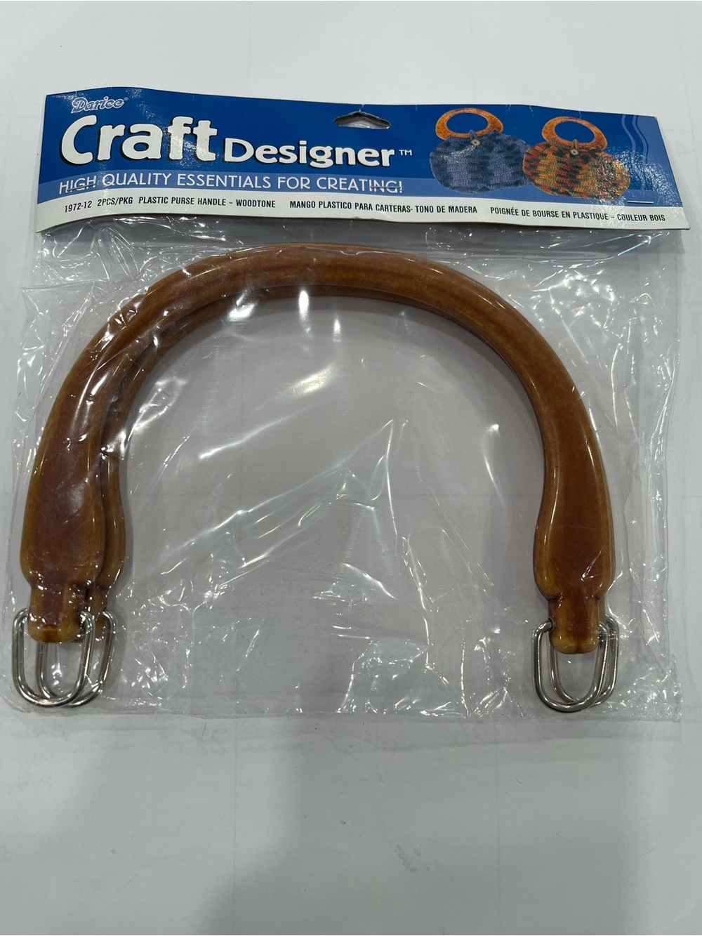 Pair VNTG Darice Craft Designer Plastic Woodtone Purse Handles Metal D-Rings NEW